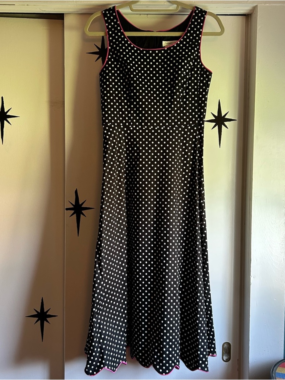 Coldwater Creek Sleeveless Black Polka Dot Midi Dress with Pink Trim